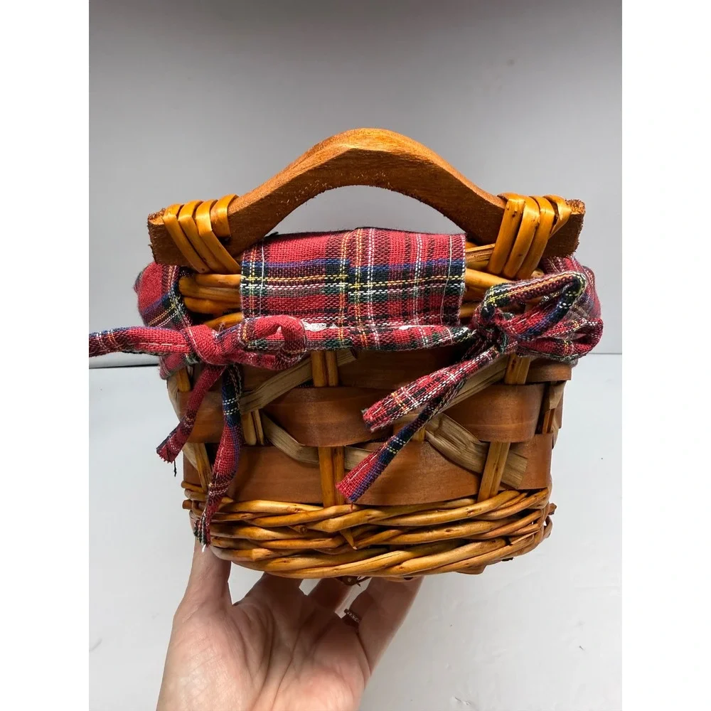 Vintage Wicker Bread Basket with Red Tartan Plaid Liner and Wooden Handles